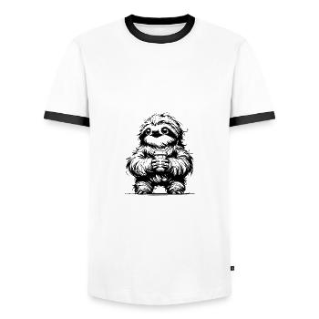 Sloth with Coffee Mug Pencil Drawing - Men's Ringer Shirt - white/black - Front - AI Model Female 172 light (172cm) & AI Model Male 178 dark (178cm)
