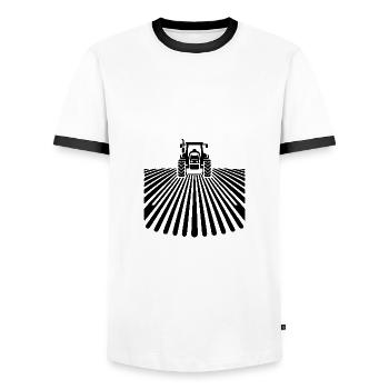 Traktor und Symmetrie im Ackerbau Agrartechnik - Männer Kontrast-T-Shirt - Weiß/Schwarz - Vorne - AI Model Female 172 light (172cm) & AI Model Male 178 dark (178cm)