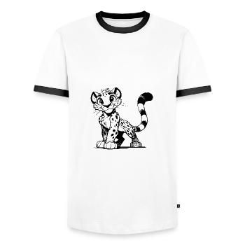 Léopard mignon avec des taches et de grands yeux - T-shirt contrasté Homme - blanc/noir - Devant - AI Model Female 172 light (172cm) & AI Model Male 178 dark (178cm)
