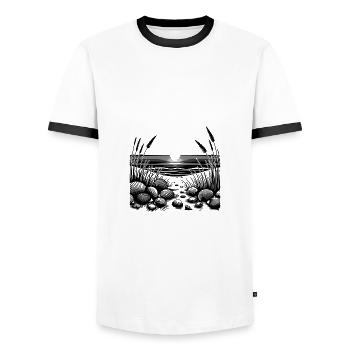 Sunset on the beach with tropical seashells - Men's Ringer Shirt - white/black - Front - AI Model Female 172 light (172cm) & AI Model Male 178 dark (178cm)