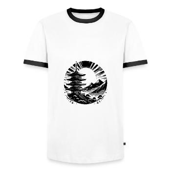 Asiatische Pagode Yoga Kunstmotiv mit Tempel - Männer Kontrast-T-Shirt - Weiß/Schwarz - Vorne - AI Model Female 172 light (172cm) & AI Model Male 178 dark (178cm)
