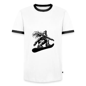 Female snowboarder with snow goggles - Men's Ringer Shirt - white/black - Front - AI Model Female 172 light (172cm) & AI Model Male 178 dark (178cm)