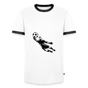 Le gardien de but de football saute pour sauver le ballon - T-shirt contrasté Homme - blanc/noir - Devant - AI Model Female 172 light (172cm) & AI Model Male 178 dark (178cm)