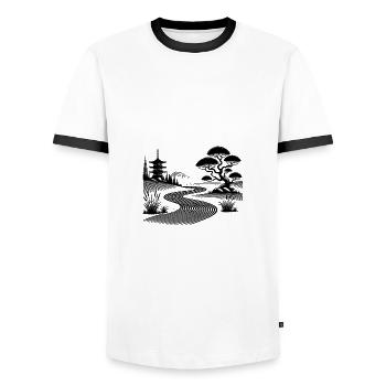 Temple japonais Chemin de l’équilibre méditatif - T-shirt contrasté Homme - blanc/noir - Devant - AI Model Female 172 light (172cm) & AI Model Male 178 dark (178cm)