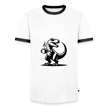 Grim morning grouch dino with coffee cup - Men's Ringer Shirt - white/black - Front - AI Model Female 172 light (172cm) & AI Model Male 178 dark (178cm)