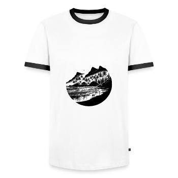 Tropical beach and sea with palm trees and mountains - Men's Ringer Shirt - white/black - Front - AI Model Female 172 light (172cm) & AI Model Male 178 dark (178cm)
