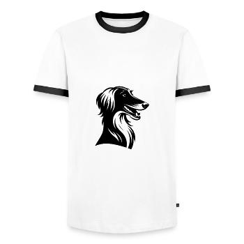 Proud Dog Head Afghan Greyhound Portrait - Men's Ringer Shirt - white/black - Front - AI Model Female 172 light (172cm) & AI Model Male 178 dark (178cm)