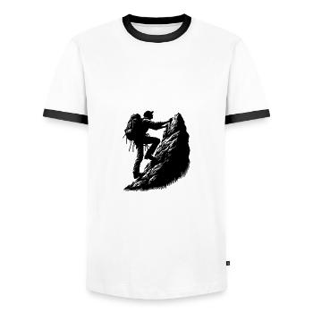 Mann beim Klettern am Berggipfel Felsen - Männer Kontrast-T-Shirt - Weiß/Schwarz - Vorne - AI Model Female 172 light (172cm) & AI Model Male 178 dark (178cm)