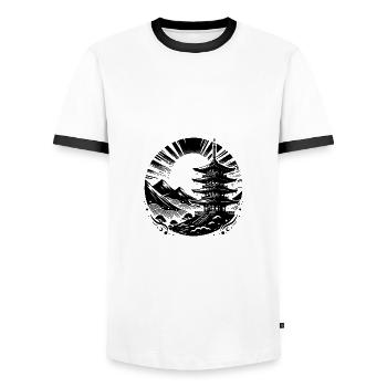 Japanese tradition with mountains in the background - Men's Ringer Shirt - white/black - Front - AI Model Female 172 light (172cm) & AI Model Male 178 dark (178cm)