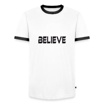 BELIEVE - Men's Ringer Shirt - white/black - Front - AI Model Female 172 light (172cm) & AI Model Male 178 dark (178cm)