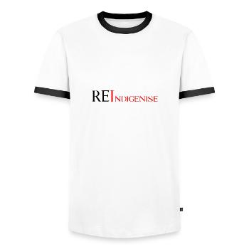 RE - Indigenise - Männer Kontrast-T-Shirt - Weiß/Schwarz - Vorne - AI Model Female 172 light (172cm) & AI Model Male 178 dark (178cm)