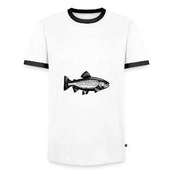 Regenbogenforelle - Naturgetreues Raubfisch Design - Männer Kontrast-T-Shirt - Weiß/Schwarz - Vorne - AI Model Female 172 light (172cm) & AI Model Male 178 dark (178cm)