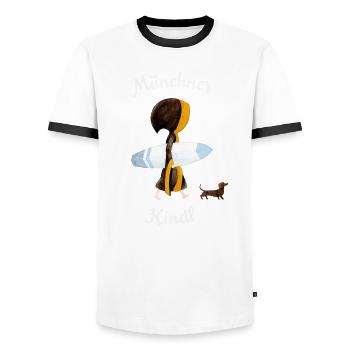 Münchner Kindl "Eisbach Surfer" mit Dackel - Männer Kontrast-T-Shirt - Weiß/Schwarz - Vorne - AI Model Female 172 light (172cm) & AI Model Male 178 dark (178cm)