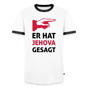 Er hat Jehova gesagt Spruch Motiv - Männer Kontrast-T-Shirt - Weiß/Schwarz - Vorne - AI Model Female 172 light (172cm) & AI Model Male 178 dark (178cm)
