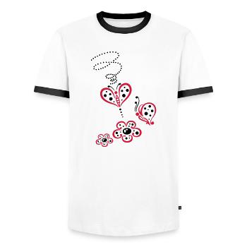 Fleurs et papillons, style coccinelle. - T-shirt contrasté Homme - blanc/noir - Devant - AI Model Female 172 light (172cm) & AI Model Male 178 dark (178cm)