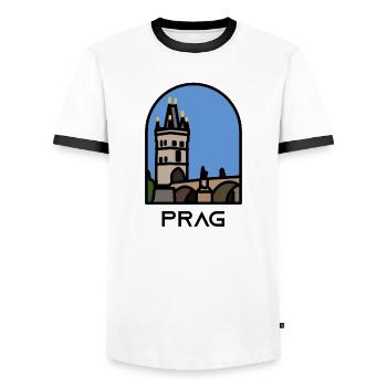 Prague - Charles Bridge - Old Town Bridge Tower - Men's Ringer Shirt - white/black - Front - AI Model Female 172 light (172cm) & AI Model Male 178 dark (178cm)