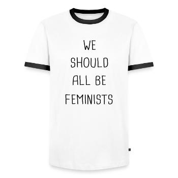 we should all be feminist - Männer Kontrast-T-Shirt - Weiß/Schwarz - Vorne - AI Model Female 172 light (172cm) & AI Model Male 178 dark (178cm)