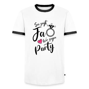 sie sagt ja wir sagen party - Männer Kontrast-T-Shirt - Weiß/Schwarz - Vorne - AI Model Female 172 light (172cm) & AI Model Male 178 dark (178cm)