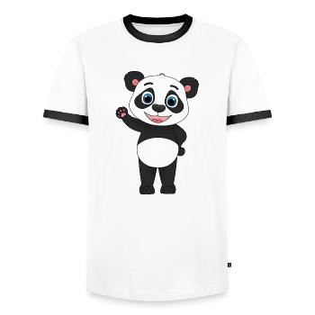 "Hi everyone!" Süß winkender Comic Panda - Männer Kontrast-T-Shirt - Weiß/Schwarz - Vorne - AI Model Female 172 light (172cm) & AI Model Male 178 dark (178cm)