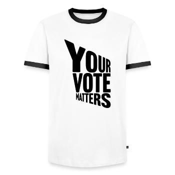 your vote matters quote - Men's Ringer Shirt - white/black - Front - AI Model Female 172 light (172cm) & AI Model Male 178 dark (178cm)