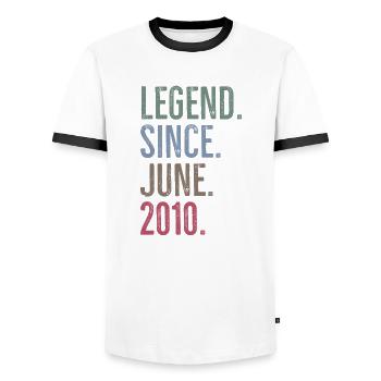 Legende seit Juni 2010 - Männer Kontrast-T-Shirt - Weiß/Schwarz - Vorne - AI Model Female 172 light (172cm) & AI Model Male 178 dark (178cm)