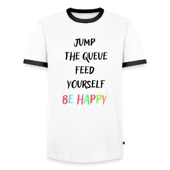 Jump the queue be happy colourful - Men's Ringer Shirt - white/black - Front - AI Model Female 172 light (172cm) & AI Model Male 178 dark (178cm)