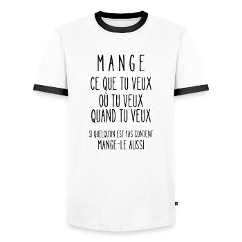 mange ce que tu veux - T-shirt contrasté Homme - blanc/noir - Devant - AI Model Female 172 light (172cm) & AI Model Male 178 dark (178cm)