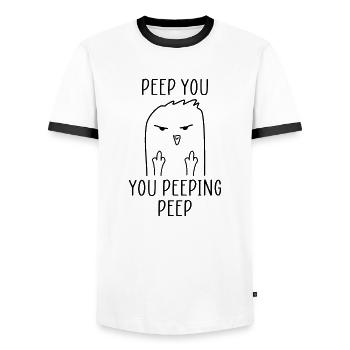 Vogel Humor lustiger Spruch Peep you you peeping - Männer Kontrast-T-Shirt - Weiß/Schwarz - Vorne - AI Model Female 172 light (172cm) & AI Model Male 178 dark (178cm)