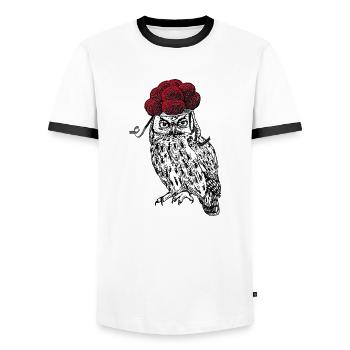 🦉 Owl with Bollenhut 🌳 - Men's Ringer Shirt - white/black - Front - AI Model Female 172 light (172cm) & AI Model Male 178 dark (178cm)