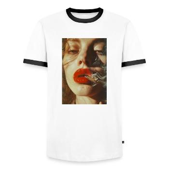 Smoking Woman with Red Lips | AI - Men's Ringer Shirt - white/black - Front - AI Model Female 172 light (172cm) & AI Model Male 178 dark (178cm)