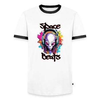 Headphones / Audio / Music / Sound / Cool - Men's Ringer Shirt - white/black - Front - AI Model Female 172 light (172cm) & AI Model Male 178 dark (178cm)