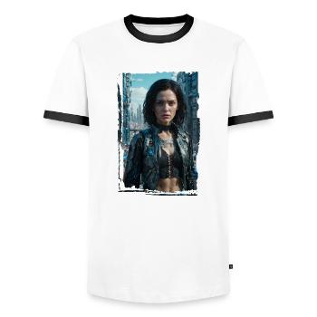 Porträt eines Sci-Fi-Cyberpunk-Mädchens - Männer Kontrast-T-Shirt - Weiß/Schwarz - Vorne - AI Model Female 172 light (172cm) & AI Model Male 178 dark (178cm)