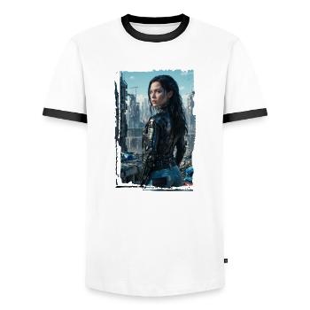 Porträt eines Sci-Fi-Cyberpunk-Mädchens - Männer Kontrast-T-Shirt - Weiß/Schwarz - Vorne - AI Model Female 172 light (172cm) & AI Model Male 178 dark (178cm)