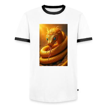 Mehen, dieu serpent d’or enroulé autour du solaire de Râ - T-shirt contrasté Homme - blanc/noir - Devant - AI Model Female 172 light (172cm) & AI Model Male 178 dark (178cm)