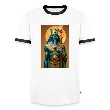 Ptah, dieu à la peau bleue, tenant un sceptre, brillant - T-shirt contrasté Homme - blanc/noir - Devant - AI Model Female 172 light (172cm) & AI Model Male 178 dark (178cm)