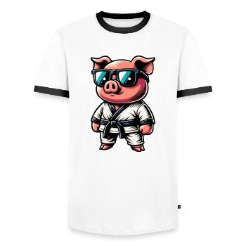 Karate Pig With Sunglasses - Men's Ringer Shirt - white/black - Front - AI Model Female 172 light (172cm) & AI Model Male 178 dark (178cm)