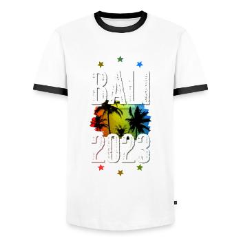 Bali 2023 - Men's Ringer Shirt - white/black - Front - AI Model Female 172 light (172cm) & AI Model Male 178 dark (178cm)