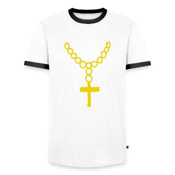 Gold chain with cross - Men's Ringer Shirt - white/black - Front - AI Model Female 172 light (172cm) & AI Model Male 178 dark (178cm)