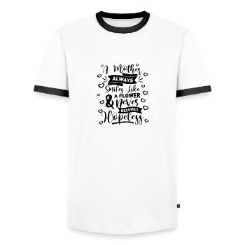 A Mother Always Smile Like A Flower never becomes - Men's Ringer Shirt - white/black - Front - AI Model Female 172 light (172cm) & AI Model Male 178 dark (178cm)