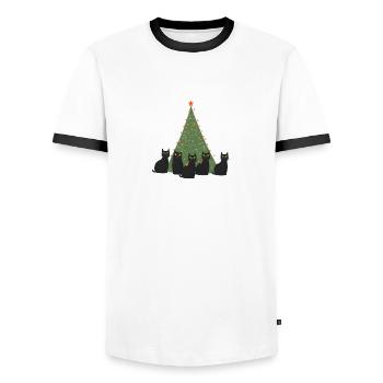5 chats sous le sapin de Noël - T-shirt contrasté Homme - blanc/noir - Devant - AI Model Female 172 light (172cm) & AI Model Male 178 dark (178cm)