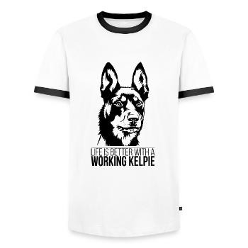 Working Kelpie life is better Dogs Wilsigns - Men's Ringer Shirt - white/black - Front - AI Model Female 172 light (172cm) & AI Model Male 178 dark (178cm)