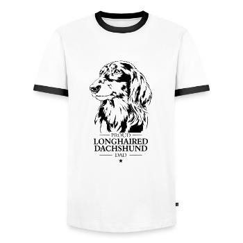 Teckel à poil long Papa Chiens Chien Wilsigns - T-shirt contrasté Homme - blanc/noir - Devant - AI Model Female 172 light (172cm) & AI Model Male 178 dark (178cm)