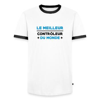 Contrôleur / Controleur / Bus / Transport - T-shirt contrasté Homme - blanc/noir - Devant - AI Model Female 172 light (172cm) & AI Model Male 178 dark (178cm)