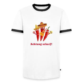 chilli, chilli familie,karneval,Mexikaner - Männer Kontrast-T-Shirt - Weiß/Schwarz - Vorne - AI Model Female 172 light (172cm) & AI Model Male 178 dark (178cm)