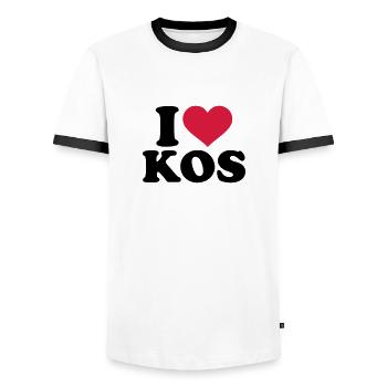 I love Kos - Men's Ringer Shirt - white/black - Front - AI Model Female 172 light (172cm) & AI Model Male 178 dark (178cm)