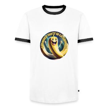Today I have the Banana - Men's Ringer Shirt - white/black - Front - AI Model Female 172 light (172cm) & AI Model Male 178 dark (178cm)
