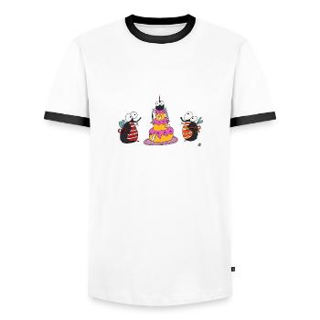 Voler avec du gâteau - T-shirt contrasté Homme - blanc/noir - Devant - AI Model Female 172 light (172cm) & AI Model Male 178 dark (178cm)