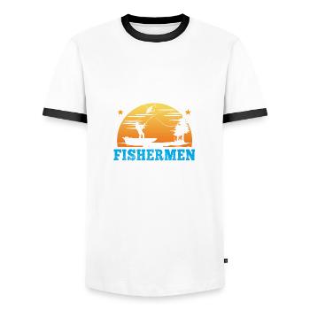 Juillet 1952 - Cadeau du 70e anniversaire. Pêcheur. - T-shirt contrasté Homme - blanc/noir - Devant - AI Model Female 172 light (172cm) & AI Model Male 178 dark (178cm)