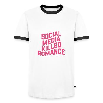 Social Media Killed Romance - Men's Ringer Shirt - white/black - Front - AI Model Female 172 light (172cm) & AI Model Male 178 dark (178cm)