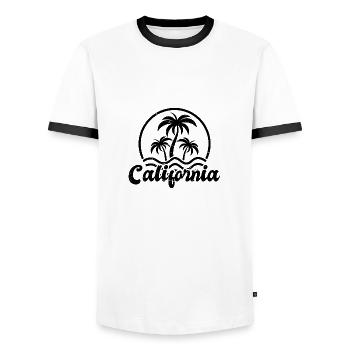 California Retro Surfer Palms vintage 70s - Men's Ringer Shirt - white/black - Front - AI Model Female 172 light (172cm) & AI Model Male 178 dark (178cm)